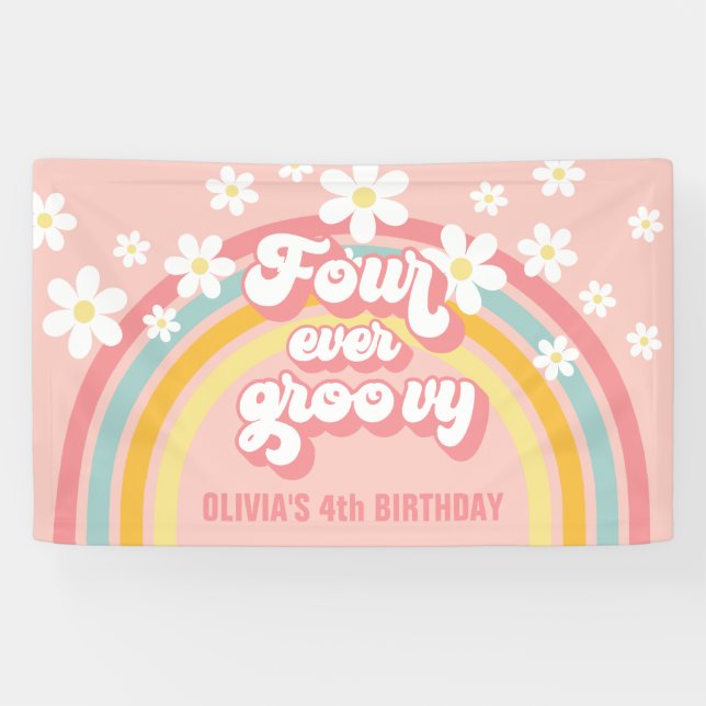 Retro Rainbow Four Ever Groovy 4th Birthday Banner (Horizontal)