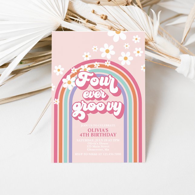 Retro Rainbow Four Ever Groovy 4th Birthday Invitation (Creator Uploaded)