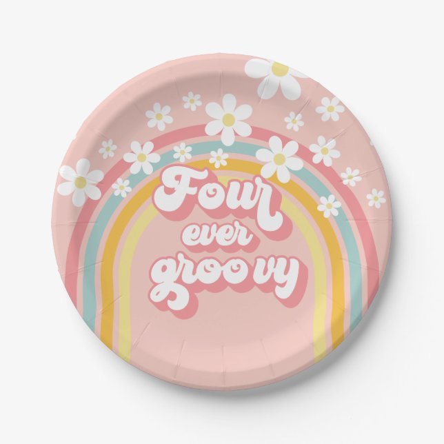 Retro Rainbow Four Ever Groovy 4th Birthday Paper Plate (Front)