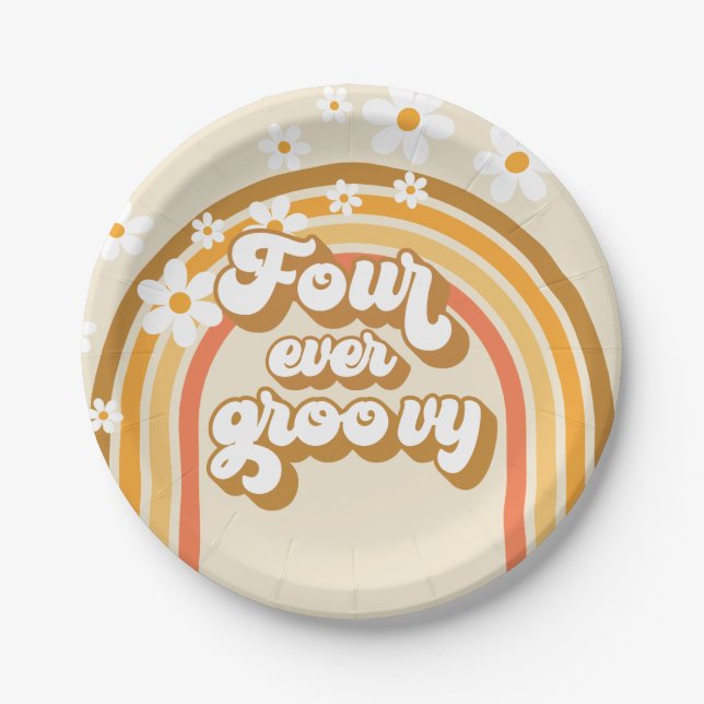 Retro Rainbow Four Ever Groovy 4th Birthday Paper Plate (Front)