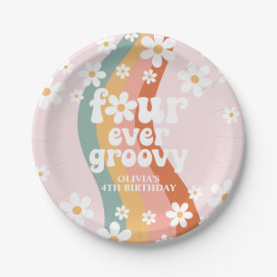 Retro Rainbow Four Ever Groovy Daisy Paper Plate