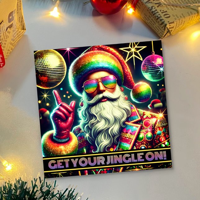 Retro Rainbow Glitter Ball Santa Xmas Disco Party Invitation (Creator Uploaded)