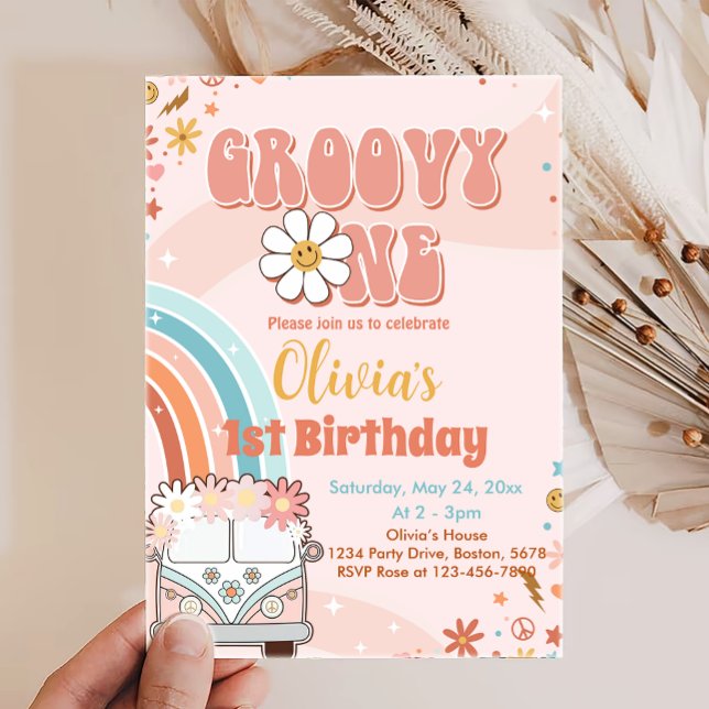 Retro Rainbow Groovy One 1st Birthday Invitation (Creator Uploaded)