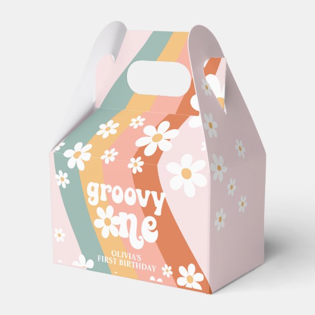 Retro Rainbow Groovy One Daisy Favor Box (Front Side)
