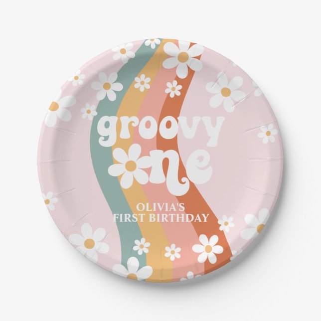Retro Rainbow Groovy One Daisy Paper Plate (Front)