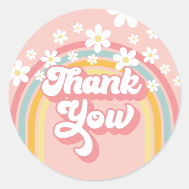 Retro Rainbow Groovy Thank You Classic Round Sticker (Front)