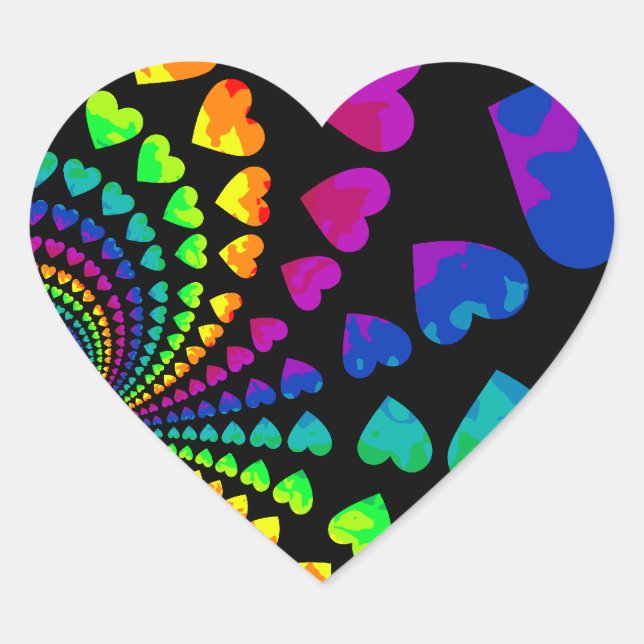 Retro rainbow hearts on black heart sticker (Front)