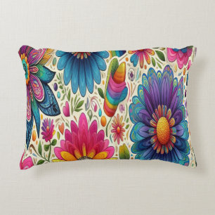 Retro Rainbow Hippie Floral Accent Pillow