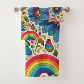 Retro Rainbow Hippie Floral Bath Towel Set