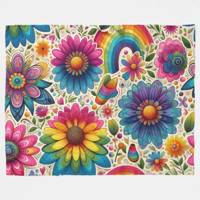 Retro Rainbow Hippie Floral Fleece Blanket (Front (Horizontal))