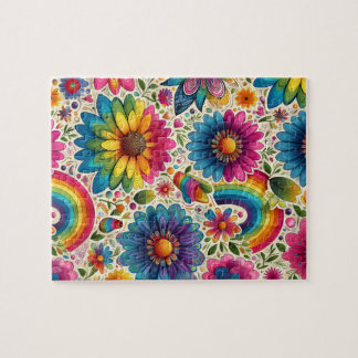 Retro Rainbow Hippie Floral Jigsaw Puzzle