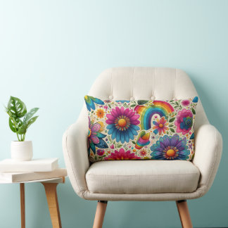 Retro Rainbow Hippie Floral Lumbar Pillow