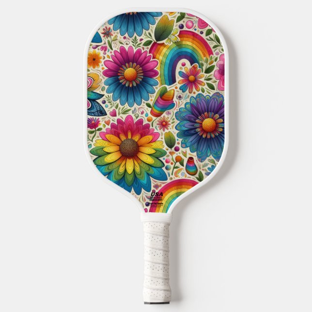 Retro Rainbow Hippie Floral Pickleball Paddle (Front)