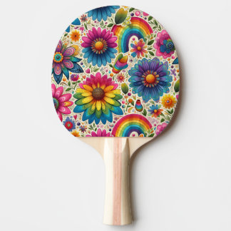 Retro Rainbow Hippie Floral Ping Pong Paddle