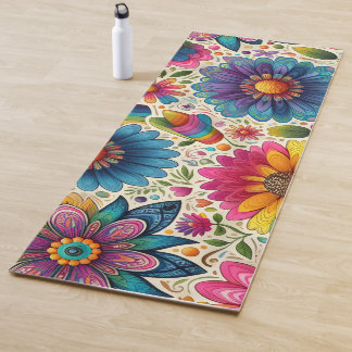 Retro Rainbow Hippie Floral Yoga Mat