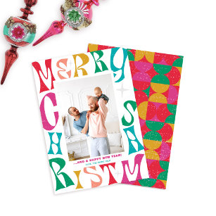Retro Rainbow Merry Christmas 1 Photo Holiday Card