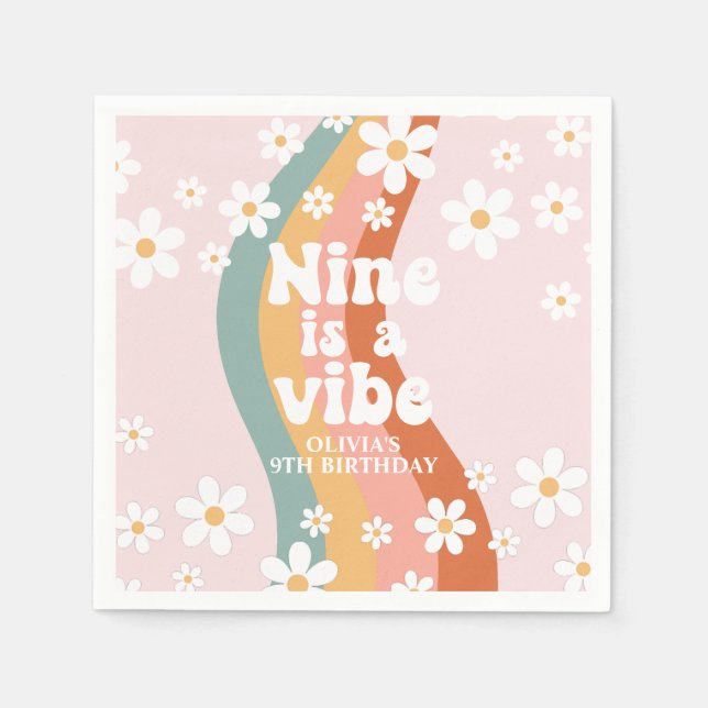 Retro Rainbow Nine is a Vibe Daisy 9th Birthday Napkin (Front)