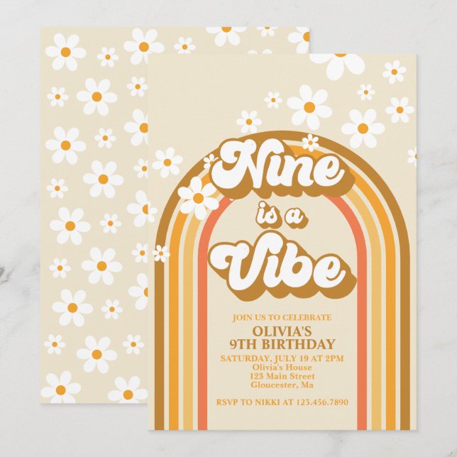 Retro Rainbow Nine is a Vibe Groovy 9th Birthday Invitation (Front/Back)