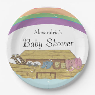 Retro Rainbow Noah's Ark Baby Shower Paper Plate