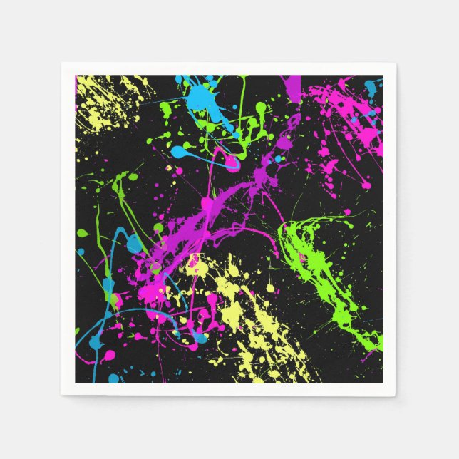 Retro Rainbow of Neon Paint Splatters on Black Napkin (Front)