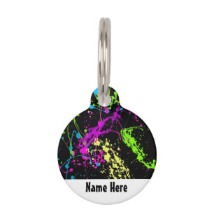 Retro Rainbow of Neon Paint Splatters on Black Pet Tag