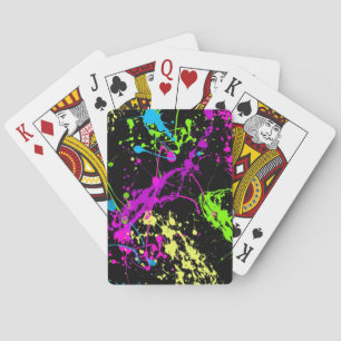 Retro Rainbow of Neon Paint Splatters on Black Playing Cards