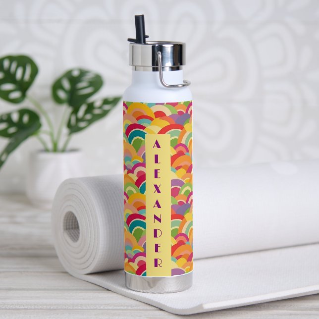 Retro Rainbow pattern No4 Personalized Name Water Bottle (Yoga)