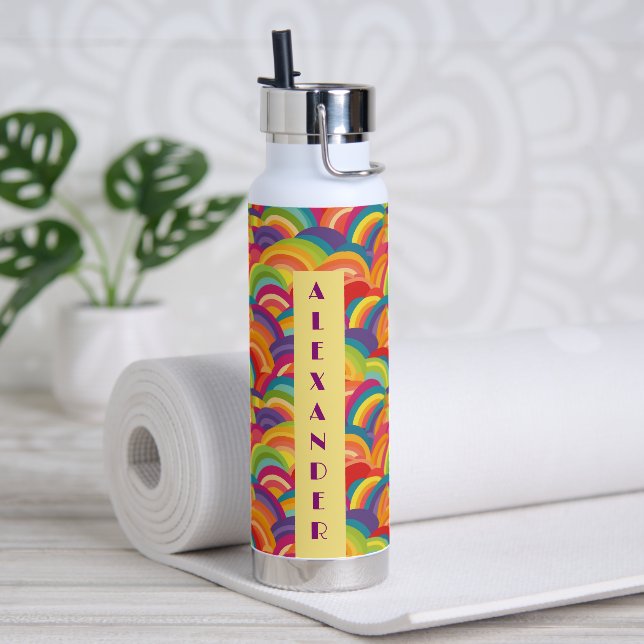 Retro Rainbow pattern No 5 Personalized Name Water Bottle (Yoga)