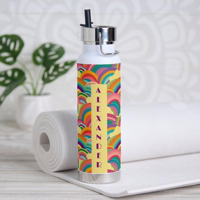 Retro Rainbow pattern Personalized Name Water Bottle (Yoga)