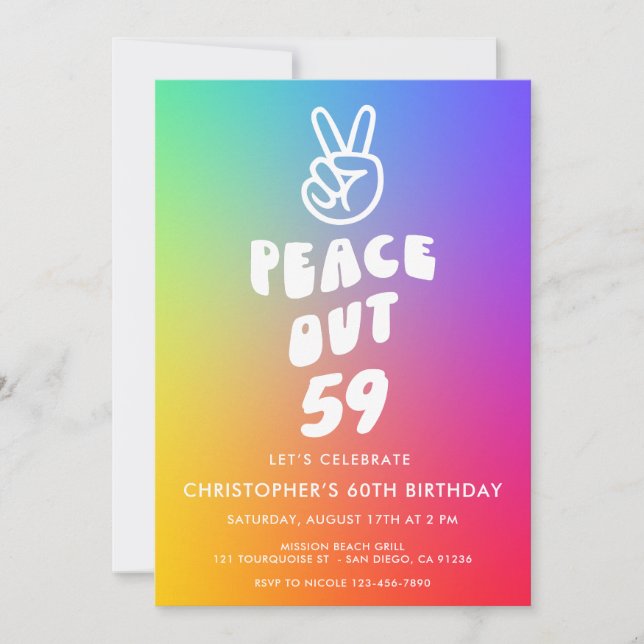 Retro Rainbow Peace Out Any Age Birthday  Invitation (Front)