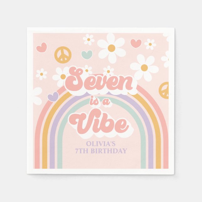 Retro Rainbow Seven is a Vibe 7th Birthday Napkin (Front)