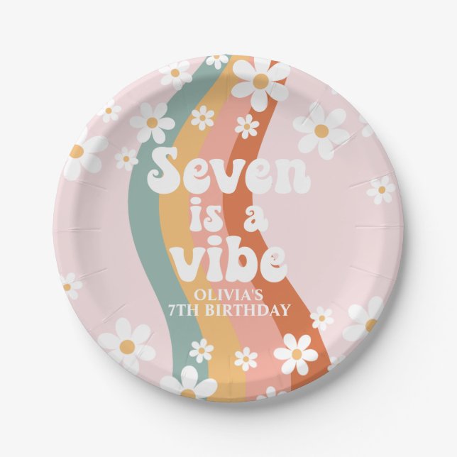 Retro Rainbow Seven is a Vibe Daisy 7th Birthday Paper Plate (Front)