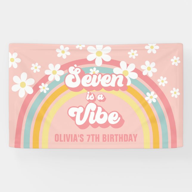 Retro Rainbow Seven is a Vibe Groovy 7th Birthday Banner (Horizontal)