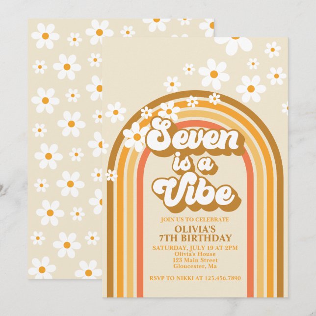 Retro Rainbow Seven is a Vibe Groovy 7th Birthday Invitation (Front/Back)