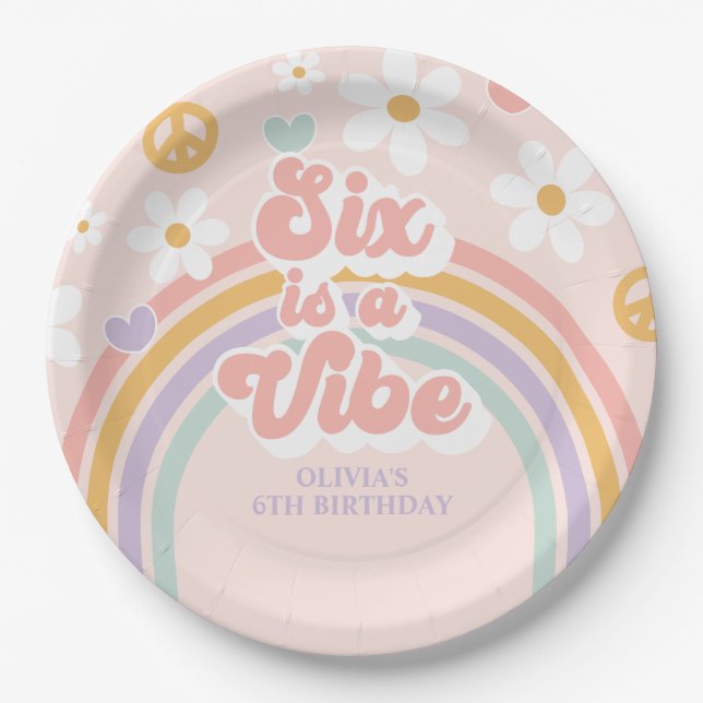 Retro Rainbow Six is a Vibe 6th Birthday Paper Plate (Front)