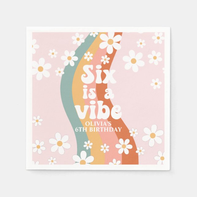 Retro Rainbow Six is a Vibe Daisy 6th Birthday Napkin (Front)