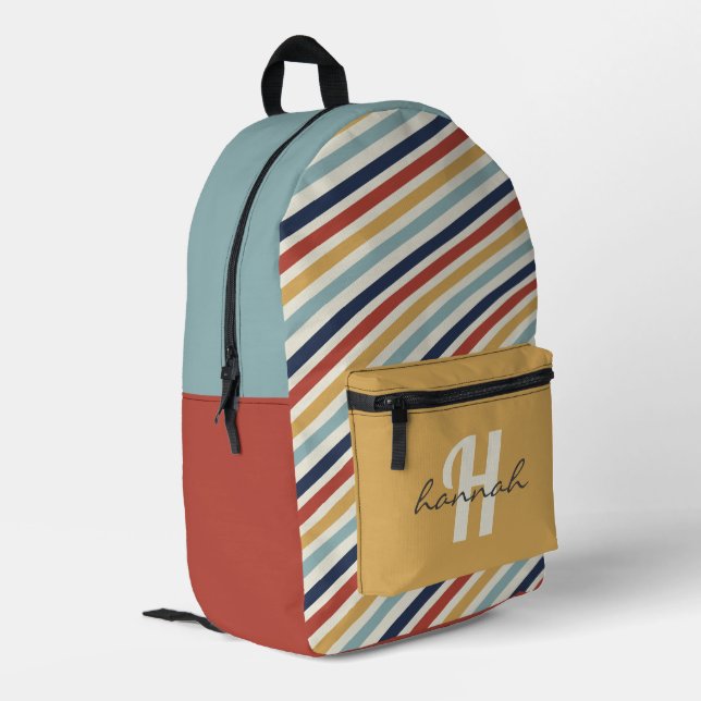 Retro Rainbow Stripes Personalized Monogram Printed Backpack (Back Corner Left)
