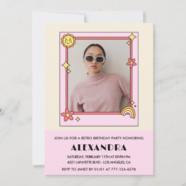 Retro Rainbow Sun Photo Pink 37th birthday Invitation (Front)