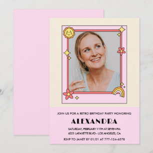 Retro Rainbow Sun Photo Pink 42nd birthday Invitation