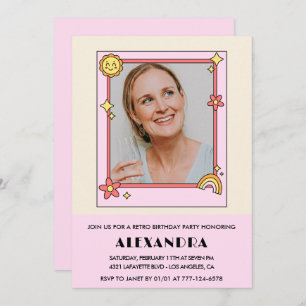Retro Rainbow Sun Photo Pink 57th birthday Invitation