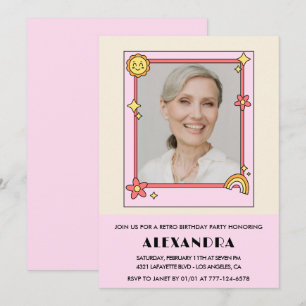 Retro Rainbow Sun Photo Pink 82nd birthday Invitation