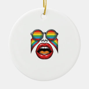 Retro Rainbow Sunglasses Lips Face Vector Design_1 Ceramic Ornament