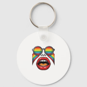Retro Rainbow Sunglasses Lips Face Vector Design_1 Keychain