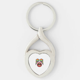 Retro Rainbow Sunglasses Lips Face Vector Design_1 Keychain