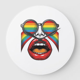 Retro Rainbow Sunglasses Lips Face Vector Design_1 Large Clock
