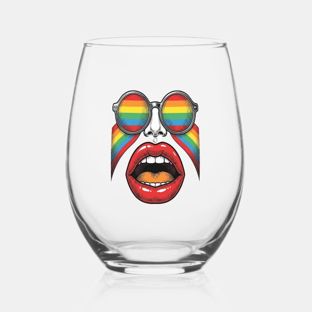 Retro Rainbow Sunglasses Lips Face Vector Design_1 Stemless Wine Glass (Front)