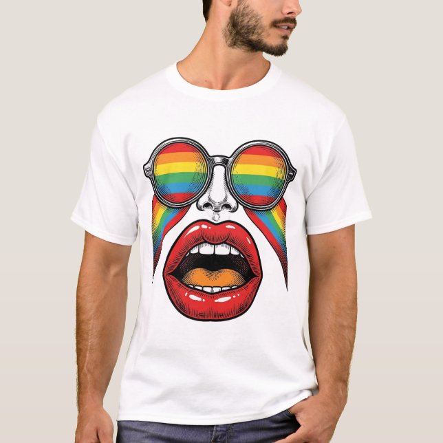 Retro Rainbow Sunglasses Lips Face Vector Design_1 T-Shirt (Front)