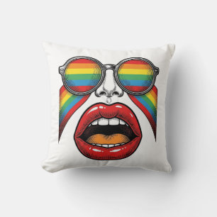 Retro Rainbow Sunglasses Lips Face Vector Design_1 Throw Pillow