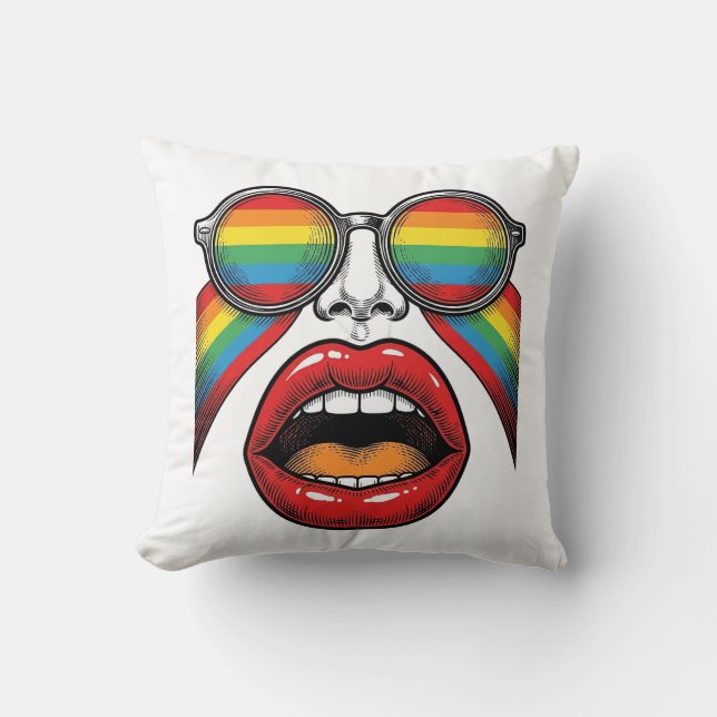 Retro Rainbow Sunglasses Lips Face Vector Design_1 Throw Pillow (Front)