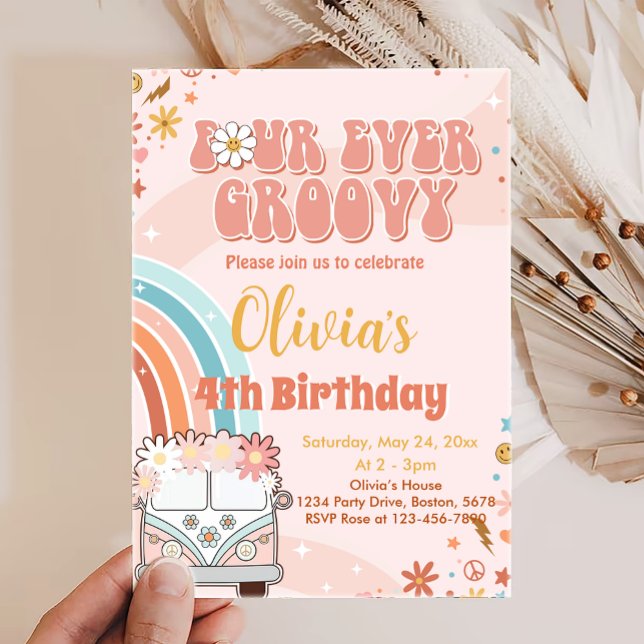 Retro Rainbow Super 4e anniversaire Invitation (Créateur téléchargé)
